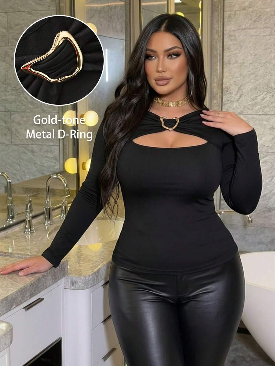 INAWLY Plus Size Black Fitted Crew Neck Long Sleeve Hollow Decor Knit Top - Black - View 1