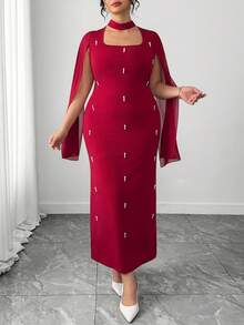 Elenzga 优雅雪纺珍珠装饰拼接连衣裙，修身款式，女士连衣裙 - 酒紅色 - 查看 7