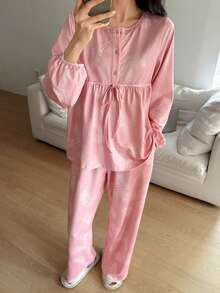 DAZY Conjunto de pijama con estampado floral y mangas de farol para mujer - Rosa - Ver 3