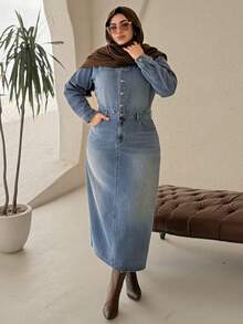 Dazy Plus 大码女士复古休闲翻领半开襟长款直筒牛仔连衣裙，春秋季 - 中等水洗藍 - 查看 1