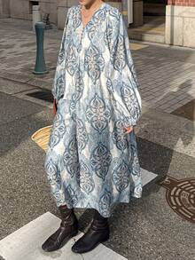 FRIFUL 女士全印花腰部拼接褶皱宽松休闲百搭春季长款睡袍 - 藍色 - 查看 6