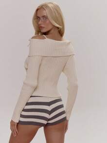 MUSERA Off The Shoulder Fold Over Bow Detail Zip Through Fitted Ribbed Knit Jumper Cute Girly Sexy Spring Winter Going Out Daily Easter Sugar Swizzle - Beige - View 2