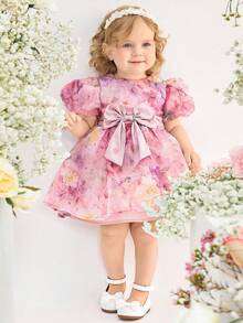 SHEIN 一件女婴优雅可爱粉色碎花图案欧根纱连衣裙，公主裙，适合生日派对、返校季、晚宴、演出、婚礼等场合。 - 粉色 - 查看 3