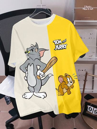 TOM & JERRY X SHEIN Camiseta de manga corta casual y diaria para hombres con estampado de letras de dibujos animados y contraste de colores, para el verano