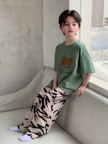 Dazy Kids Tween Boy Tiger Print Short Sleeve Top & Full Print Pants Pajama Set - Green - View 2