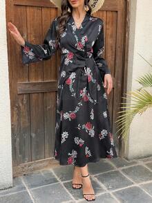 DAZY Damen Kleid mit V-Ausschnitt, tailliert, Langarm, Blumendruck, Sommerkleid für Frauen - Schwarz - Übersicht 9