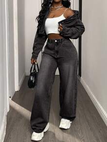 DAZY Women's Casual Fashion Street Style Daily Commute Cropped Denim Jacket And Wide Leg Jeans Set, Spring/Autumn - Grey - View 4