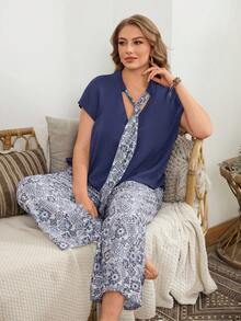 Serenescape Plus Size Women Solid Color Top With Floral Tie Bow Collar + Print Long Pants Pajama Set - Navy Blue - View 3