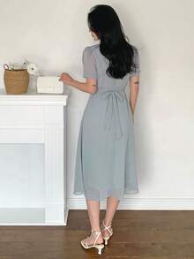 DAZY Women's Square Neck Waist Cinched Short Sleeve Chiffon Midi Dress - Blue - View 5