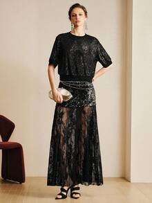 Arave 女士优雅亮片拼接圆领套头T恤，适合约会穿着 - 黑色 - 查看 2