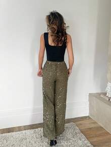 RebeccaVibe 女士罩衫伊比沙岛波西米亚风度假海滩优雅夏季亮片阔腿钩针长裤 - 橄欖綠 - 查看 2