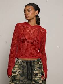 COUREZ Open Knit Hooded Top Long Sleeve /Y2K Spring Clothes For Women Street Streetwear Cute Going Out Outfits Causal Knit Party Rave Knit Cardigan Summer Trousers Summer Outfits Funnel Neck Knit - Red - View 4