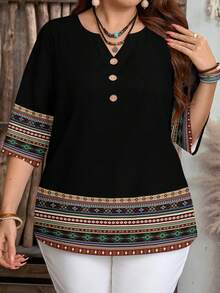 EMERY ROSE Camisa holgada de talla grande con estampado geométrico de estilo bohemio, adecuada para primavera y otoño - Multicolor - Ver 6
