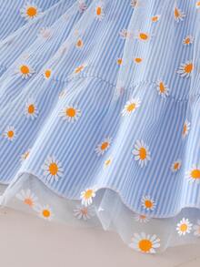 Toddler Girls' Blue Daisy Print Mesh Striped Sleeveless Bow Tie Waist Princess Dress, Summer Beach Holiday Outdoor Play - Blue - View 6
