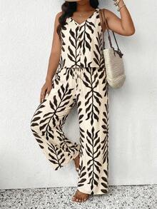 SHEIN Frenchy 大码印花纹理面料扭结前襟吊带背心和直筒休闲裤套装，春夏款 - 彩色 - 查看 1