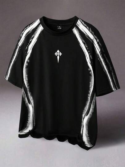 STYNVO Streetrush 男士撞色印花圆领短袖 T 恤男士 Y2k 服装男士服装男士黑色服装、万圣节、万圣节派对、街头服饰