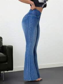 SHEIN Tall 女士休闲高腰喇叭水洗牛仔裤 - 淺色水洗藍 - 查看 3