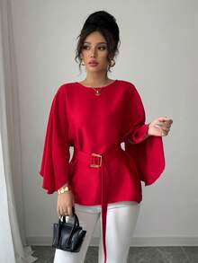 Gloray 女式法式圆领蝙蝠袖腰带亮面红色衬衫，春夏 - 紅色 - 查看 4