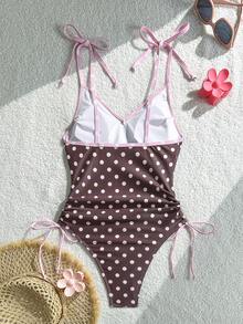 Swim Mod-D 女士波点随机印花细肩带系带连体泳衣，春夏款 - 彩色 - 查看 4