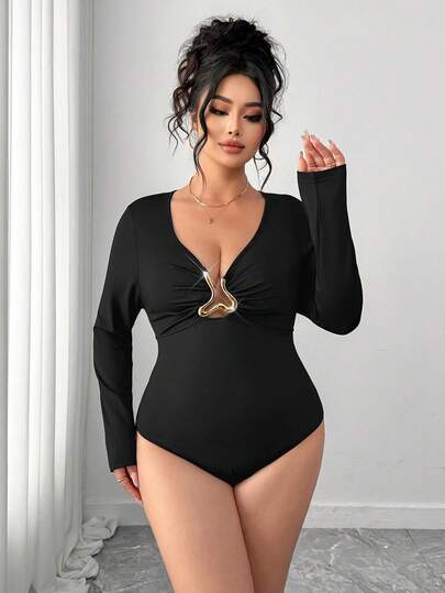 Elenzga Mono de manga larga con decoración metálica sexy y elegante para mujer de talla grande, adecuado para citas, uso diario, fiestas y reuniones