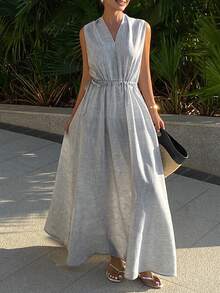 DAZY Đầm không tay cổ yếm, màu trơn, dáng rộng, thắt eo, kiểu dáng thường ngày, thích hợp mặc đi nghỉ dưỡng cho nữ, kiểu đầm mùa xuân/hè. - Xám - Xem 6