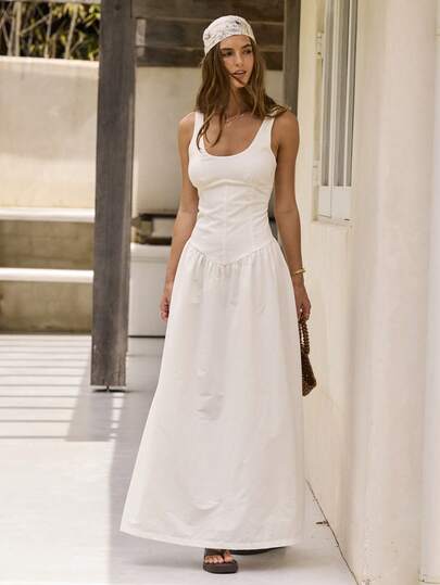 Aralina Scoop Neck Corset Style Maxi Dress For Summer Vacation Fit And Flare Flowy Maxi Dress Event Formal Dress Summer Long Dress Beach Dress Cute Elegant Going Out Dress Casual Dresses For Women Vacation Outfit White Dress