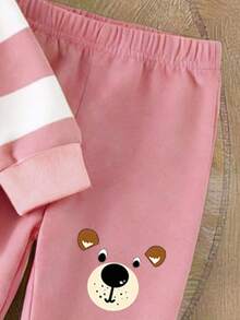 GraphicGems 两件套幼儿男童休闲时尚套装，包括条纹小熊图案卫衣和配套运动裤，舒适百搭，适合秋冬春季穿着。 - 粉色 - 查看 6