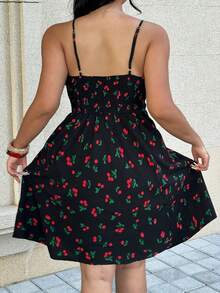 SHEIN EZwear Vestito casual a canotta con stampa di ciliegie e laccio frontale, taglie comode per donna - nero - Visualizzare 2