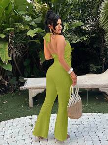 SHEIN SXY Solid Color Sleeveless Fashionable Hollow Out Halter Textured Fringe Jumpsuit - Green - View 2