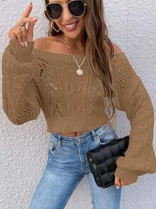 Almamuse Suéter corto de mujer con hombros descubiertos y mangas largas caídas - Camel - Ver 4