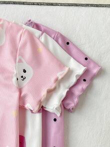 6pcs Baby Girls Cute Kitty, Heart & Polka Dot Print Ruffled Short Sleeve Top And Pants Pajama Set - Multicolor - View 3