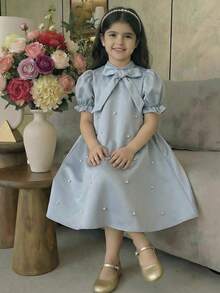 年轻女孩优雅修身串珠泡泡袖A字纯色连衣裙，配超大蝴蝶结装饰 - 藍色 - 查看 6