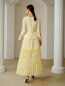 ZEYLAH Elegant Lace Patchwork Long Dress For Women - Yellow - View 3
