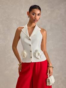 RueChic Women, Spring, Summer, White Sleeveless Tailored Blazer Vest With Rosette Waist - Elegant Structured Peplum Waist, 3‑Button Front, Fitted Silhouette, Bridal & Cocktail Jacket, Wedding Guest & Evening Wear, Office To Event Statement Vest, Luxury Crepe/Lined Fabric, Breathable Stretch, Sleek Notched Lapel, Designer Look - White - View 3