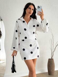 White Polka Dot Printed Two Pieces Set – Button-Up Shirt And Mini Skirt - Black and White - View 6