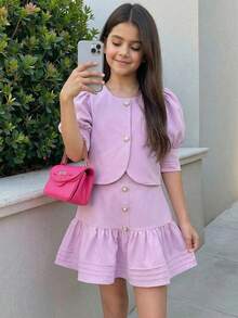 Firerie Kids 少女粉色泡泡袖短款衬衫+百褶裙可爱甜美两件套，商务、通勤、日常穿着皆宜 - 粉色 - 查看 1