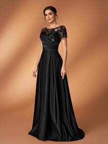 Serin 优雅奢华亮片串珠刺绣蕾丝薄纱袖缎面长裙，适合婚礼、派对、度假、舞会、新娘母亲晚礼服 - 黑色 - 查看 4