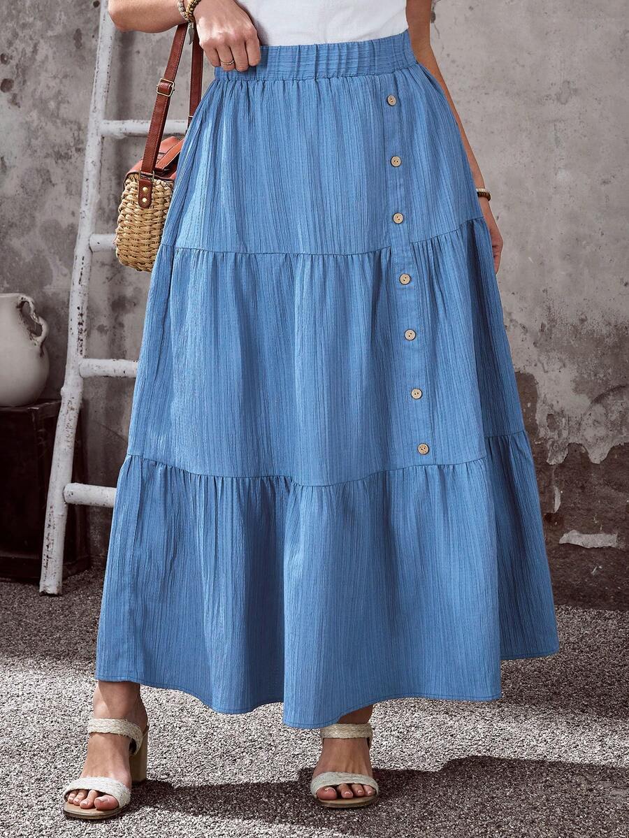EMERY ROSE Chân váy dài màu xanh dương trơn, có cúc trang trí, dành cho nữ, kiểu dáng thường ngày, phong cách đồng quê, thích hợp cho mùa hè/hè, kỳ nghỉ hè, nghỉ xuân, du lịch, đi chơi, mẫu mới 2026, đơn giản và thời trang cho mặc hàng ngày, phù hợp cho mùa hè, kỳ nghỉ, mặc thường ngày, chân váy dài màu xanh dương, chân váy dài mùa hè, chân váy dài đi biển, váy đi biển cho nữ. - Màu xanh lam - Xem 1