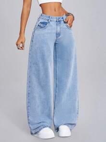 SHEIN ICON Women's Front Button Pocket Casual Denim Jeans, Everyday Wear Low Rise Straight Leg Baggy Jeans Women - Baby Blue - View 5