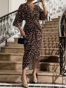 SHEIN Lady Plus Size Fashionable Party Leopard Print Twist Waist Fitted Dress - Brown - View 3
