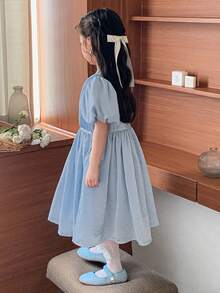DAZY Young Girl' Round Neck Birthday Party Puff Sleeve Korean Style Formal Dress - Blue - View 3