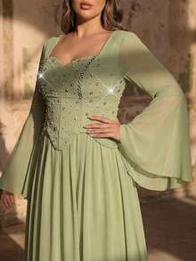 Glamrae 大码优雅奢华祖母绿喇叭袖手工镶钻可拆卸领带弹力针织雪纺长裙，适合婚礼、活动、单身派对、度假、晚宴、正式场合。 - 綠色 - 查看 8