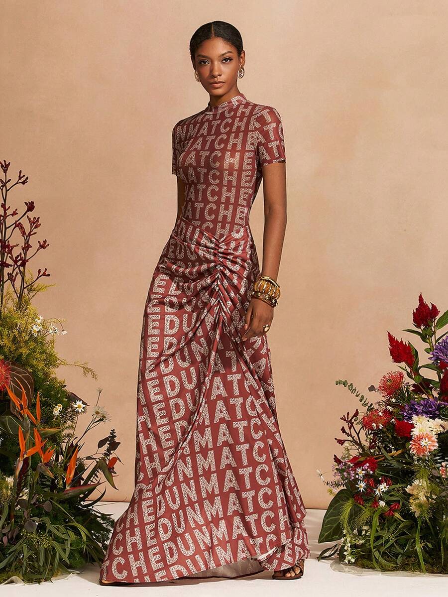 Zivah 2026 Spring/Summer New Valentine's Day Party Wedding Evening Date Casual Wear Student Daily Wear Basic Versatile Casual Vacation Cruise Travel Beach Sunbathing Viral Elegant Commute Business Casual Short Sleeve Jumpsuit + Long Pleated Skirt, Brown Base With Silver White Letter Print, Brown Set, Casual Set, Elegant Set, Women 2-Piece Outfit - Brown - View 1