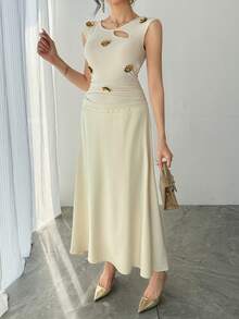 DAZY 女士优雅亮片装饰镂空上衣，夏季婚礼宾客礼服 - 米色 - 查看 7