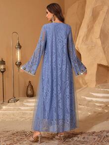 Al Najma Women's Square Neck Sequin Embroidered Blue Lace Long Sleeve Mesh Loose Fit Dress - Blue - View 5
