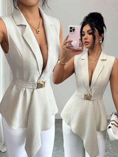 SHEIN Women's Elegant Metal Decor Asymmetrical V-Neck Blazer Jacket, Suitable For Daily Commute And Leisure