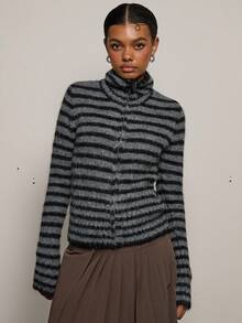 COUREZ Stripe High Neck Zip Front Knit Cardigan Top /Y2K Spring Clothes For Women Street Streetwear Cute Going Out Outfits Causal Knit Party Rave Knit Cardigan Summer Trousers Summer Outfits Funnel Neck Knit - Grey - View 1
