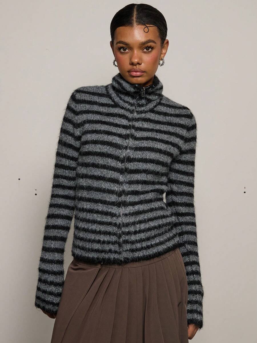 COUREZ Stripe High Neck Zip Front Knit Cardigan Top /Y2K Spring Clothes For Women Street Streetwear Cute Going Out Outfits Causal Knit Party Rave Knit Cardigan Summer Trousers Summer Outfits Funnel Neck Knit - Grey - View 1