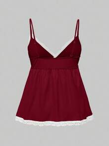 ROMWE Ribbed Lace Camisole & Shorts Casual Pajama Set - Burgundy - View 6