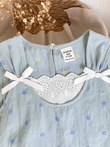 女婴休闲拼接格子波点提花蝴蝶结装饰荷叶边下摆可爱清新连衣裙 - 綠色 - 查看 5